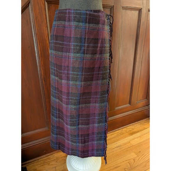 Talbots Womens Purple Wool Plaid Wrap Skirt With Fringe Size 10 - Picture 1 of 7
